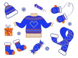 reeks van winter kleren. trui, sokken, sjaal en handschoenen. vector illustratie van winter kleren elementen in vlak stijl.
