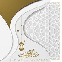 eid adha mubarak wenskaart islamitische bloemmotief vector design met Arabische kalligrafie, halve maan cre