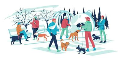 mensen wandelen met honden in de winter stad. vlak vector illustratie van een besneeuwd versierd stad voor nieuw jaar en kerstmis.