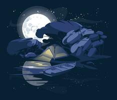 's nachts camping door de water. tent verlichting. donker maanlicht nacht. vector vlak illustratie