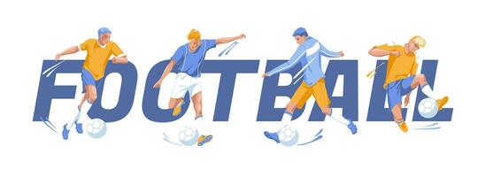 voetbal toernooi poster of folder concept. verschillend Amerikaans voetbal spelers schoppen de bal Aan de achtergrond van hoofdstad brieven. vector vlak illustratie