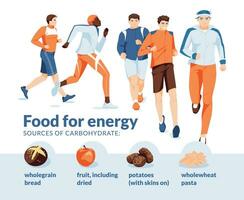 rennen sport- en aan het eten voor energie. infographics. een groep van verschillend mannen rennen Aan een wit achtergrond. eetpatroon voedsel pictogrammen. vlak vector illustratie