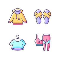 pyjama's voor thuis dragen rgb kleur iconen set. overhemd met capuchon. pantoffels met kruisband. crop top. trendy sportkleding. geïsoleerde vectorillustraties. comfortabele nachtkleding eenvoudige gevulde lijntekeningencollectie vector