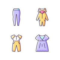 nachtkleding rgb kleur pictogrammen instellen. leggings voor dames. kigurumi voor kinderen. jumpsuit en oversized jurk. geïsoleerde vectorillustraties. comfortabele huiskleding eenvoudige gevulde lijntekeningencollectie vector