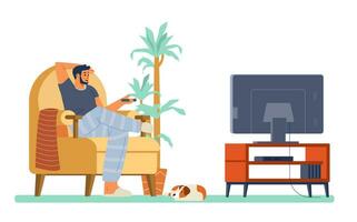 Mens aan het kijken TV alleen zittend in een fauteuil Bij huis vlak vector illustratie.