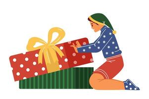 gelukkig meisje in Kerstmis kleding opening groot geschenk doos vlak vector illustratie geïsoleerd Aan wit. nieuw jaar verrassing.