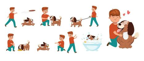 vector tekenfilm reeks van een jongen en hond uitgeven pret tijd samen