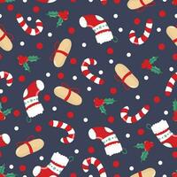 schattig hand- getrokken Kerstmis naadloos patroon met geschenk doos, Kerstmis sok, hulst en snoep riet. Aan een donker achtergrond vector
