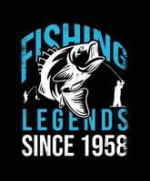 1958 sinds visvangst legends t-shirt ontwerp vector illustratie of poster