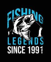 1991 sinds visvangst legends t-shirt ontwerp vector illustratie of poster