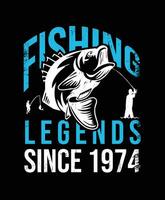 1974 sinds visvangst legends t-shirt ontwerp vector illustratie of poster