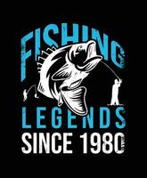 1980 sinds visvangst legends t-shirt ontwerp vector illustratie of poster