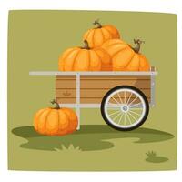 oranje pompoen in een tuin kruiwagen, vector illustratie in een tekenfilm, vlak stijl. herfst oogst. halloween pompoen. dankzegging pompoen.