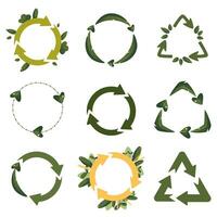 recycling pictogrammen. cirkel pijlen, Product hergebruik en ecologie symbolen, milieu bescherming logo. verzameling van groen recycling tekens versierd met bladeren Aan een wit achtergrond. vector