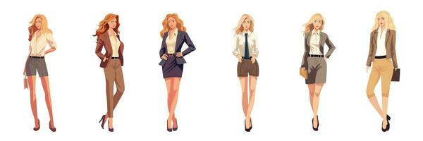 reeks van zakenvrouw in vlak stijl geïsoleerd Aan wit achtergrond. verzameling van vrouw in bedrijf kostuums. secretaris. vector illustratie.
