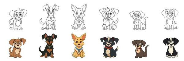 reeks van schattig puppy in tekening stijl en gekleurde schets. hand- getrokken weinig honden. vector illustratie.