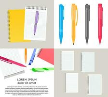 reeks van vier vector illustratie met notitieboekjes, pennen en potloden.