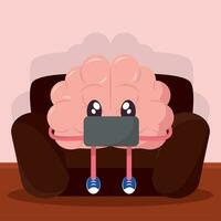 geïsoleerd schattig hersenen tekenfilm karakter met een smartphone vector