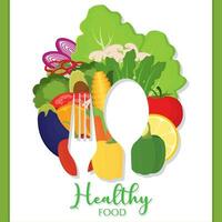 silhouet van lepel en vork Aan een groep van groenten gezond voedsel vector