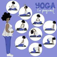 yoga voor zwanger. mooi Afrikaanse Amerikaans zwanger vrouw aan het doen yoga, hebben gezond levensstijl en ontspanning, opdrachten voor zwanger vrouw vector