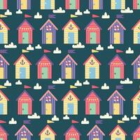 kleurrijk strand hutten textuur. kust- vakantie bungalows, gestreept hutten achtergrond. klein strand huis vector naadloos patroon