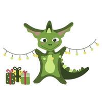 groen draak symbool van 2024 met elektrisch slinger en cadeaus dozen. Kerstmis of nieuw jaar vakantie kaart vector