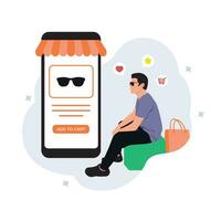 online boodschappen doen concept. Mens in zonnebril zittend Aan de telefoon scherm. vector