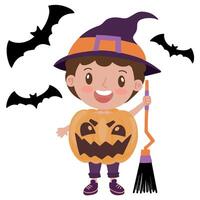 schattig weinig jongen vervelend pompoen kostuum en heks hoed brengen bezem voor halloween partij illustratie vector