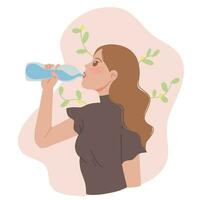 portret mooi vrouw drinken water van een fles esthetisch illustratie vector