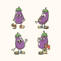 reeks van traditioneel aubergine tekenfilm illustratie met gevarieerd poses en uitdrukkingen vector