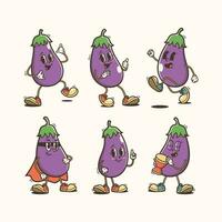 reeks van traditioneel aubergine tekenfilm illustratie met gevarieerd poses en uitdrukkingen vector