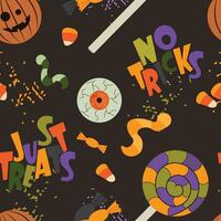 halloween vector naadloos patroon met snoepgoed en belettering