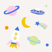 schattige cartoon raket, planeet, maan, sterren. kosmisch ruimtepatroon voor stof, kinderkamer, kinderkleding. papier uitgesneden stijl vectorillustratie. vector