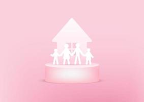 huis en familie papier 3d op roze achtergrond. gelukkig familieconcept. vector