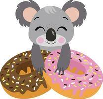 grappig koala met aardbei en chocola donuts vector