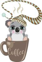 slaperig koala met slapen hoed binnen kop van koffie vector