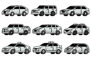 verschillend type auto's verzameling. auto- illustratie reeks met zwart en wit auto's. vervoer, voertuig illustraties set. vector