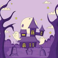 halloween achtergrond met geest huis en begraafplaats vector