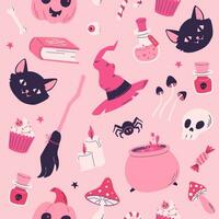 roze magie halloween naadloos patroon met kat, heks hoed, pompoen, bezem, toverdrank, paddestoel. dag van de dood barbiecore stijl vector illustratie