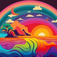 strand met regenboog en palm boom kunst. natuur visie in psychedelisch kunst vector illustratie. kleurrijk achtergrond. vector eps 10.