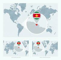 uitvergroot Suriname over- kaart van de wereld, 3 versies van de wereld kaart met vlag en kaart van surinaams. vector