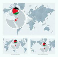 uitvergroot Jordanië over- kaart van de wereld, 3 versies van de wereld kaart met vlag en kaart van Jordanië. vector