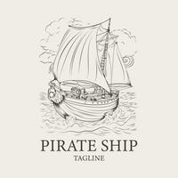 hand- getrokken wijnoogst piraat schip illustratie. piraat boot schetsen tekening. vector