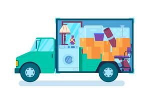 tekenfilm kleur in beweging huis vrachtauto met meubilair en huishoudelijke apparaten binnen. vector