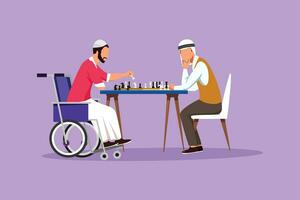 tekenfilm vlak stijl tekening gehandicapt Arabisch Mens in rolstoel Toneelstukken schaak met vriend. mensen Aan sociaal aanpassing, hobby, tolerantie, inclusief toegankelijkheid diversiteit. grafisch ontwerp vector illustratie