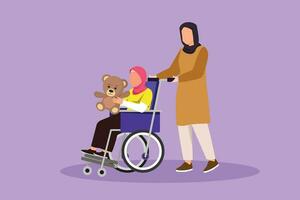 karakter vlak tekening Arabisch moeder met mooi gehandicapt dochter in rolstoel kwam voor examen Bij kliniek ziekenhuis. mam helpt schattig kind met handicaps. tekenfilm ontwerp vector illustratie