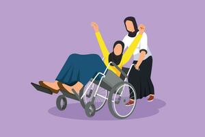 grafisch vlak ontwerp tekening jong mooi Arabisch vrouw vrijwilliger helpt gehandicapt oud vrouw, rijden Aan rolstoel in park. familie zorg, vrijwilligerswerk, onbekwaamheid zorg. tekenfilm stijl vector illustratie
