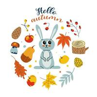 Hallo herfst. tekenfilm konijn, hand- tekening belettering. kaart met bladeren, herfst elementen en schattig Woud dier Aan wit achtergrond.ontwerp voor kaarten, afdrukken, poster. vector
