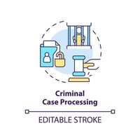 crimineel geval verwerken concept icoon. oordeel. verdachte van misdrijf. gerechtigheid systeem abstract idee dun lijn illustratie. geïsoleerd schets tekening. bewerkbare beroerte vector