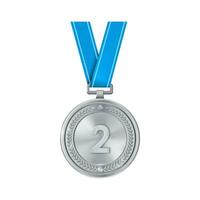 realistisch zilver medaille Aan blauw lint met gegraveerde aantal twee. sport- wedstrijd prijzen voor tweede plaats. kampioenschap beloning voor prestaties en zege. vector